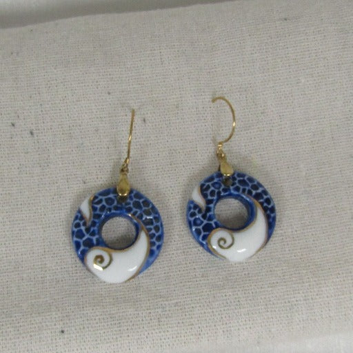 Big Blue White  & Gold Ceramic Hoop Earrings - VP's Jewelry