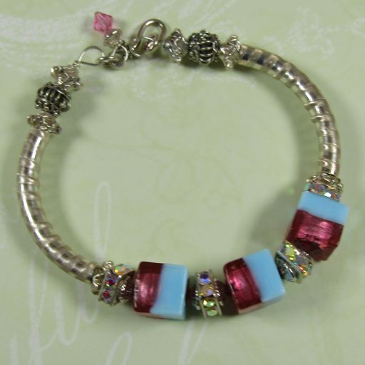 Designer Ruby Aqua Cube & Silver Bangle Bracelet - VP's Jewelry