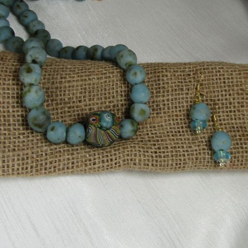 Turquoise Glass & Mosaic Beaded Necklace & Earrings - VP's Jewelry