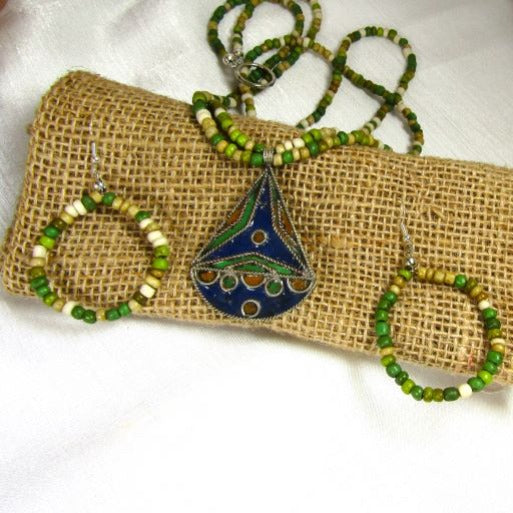 Green & Cream African Bead Pendant Necklace & Earrings - VP's Jewelry