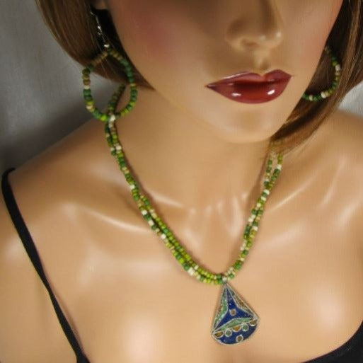 Green & Cream African Bead Pendant Necklace & Earrings - VP's Jewelry