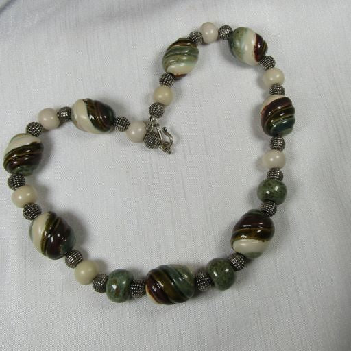Olive Green, Brown & Cream Kazuri Bead Necklace Fair Trade Jewelry - VP's Jewelry  