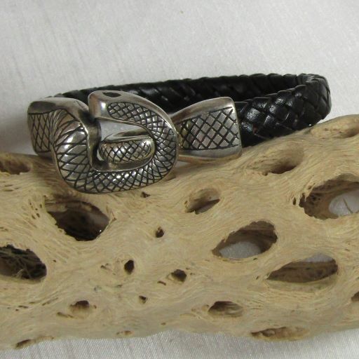 Black Braided Leather Snake Clasp Bracelet For A Man - VP's Jewelry