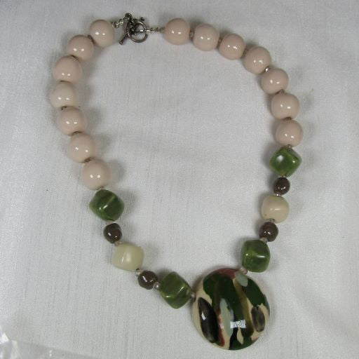 Cream, Light Brown & Green Pendant Necklace Kazuri Fair Trade Bead