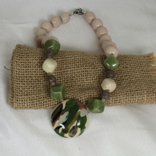 Cream, Light Brown & Green Pendant Necklace Kazuri Fair Trade Bead - VP's Jewelry