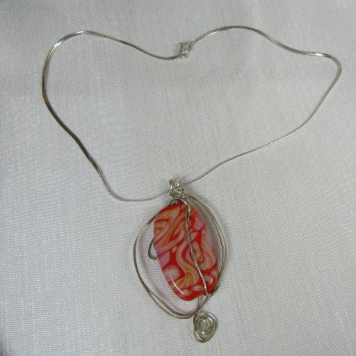 Handmade Red Artisan Wire Wrap Pendant on Silver ChainNecklace - VP's Jewelry