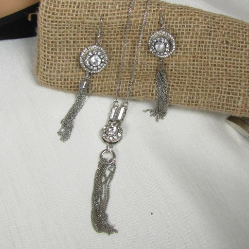Extra Long rystal Rhinestone & Silver Pendant Necklace & Earrings - VP's Jewelry  