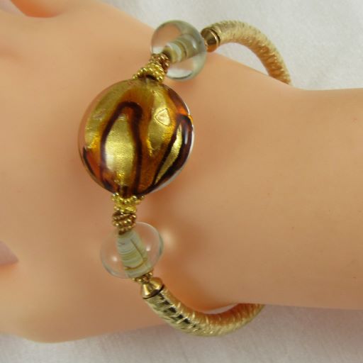 Gold & Brown Artisan Bead Gold Bangle Bracelet - VP's Jewelry  