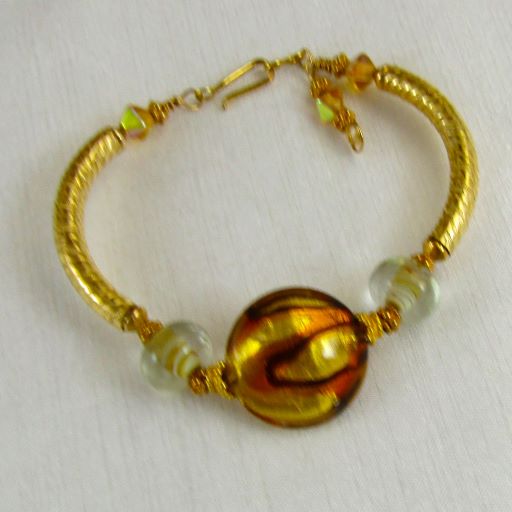 Gold & Brown Artisan Bead Gold Bangle Bracelet - VP's Jewelry  