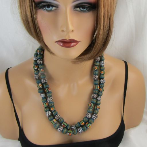 Double Strand Multicolored African Trade Bead Beaded Necklace