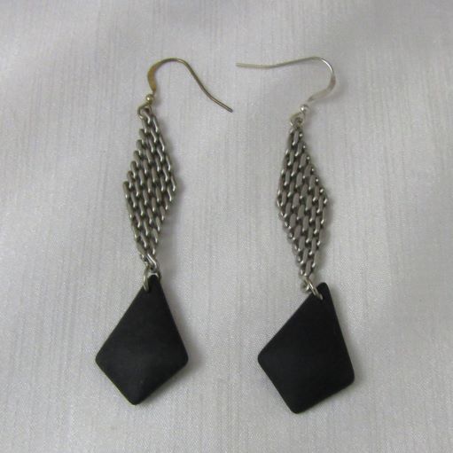 Seashore Inspired Black Sea Glass & Silver Mesh Drop Earrings - VP's Jewelry