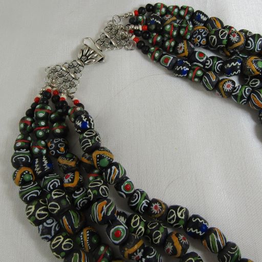 Handmade African Trade Beads Black Statement Necklace Five Strand - VP's Jewelry