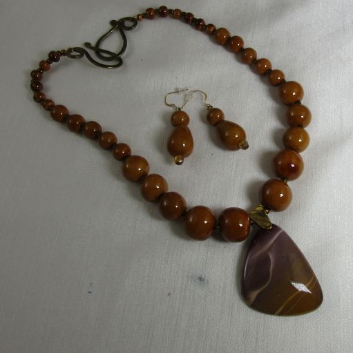 Gemstone Bead Necklace with Jasper Pendant & Earrings - VP's Jewelry  