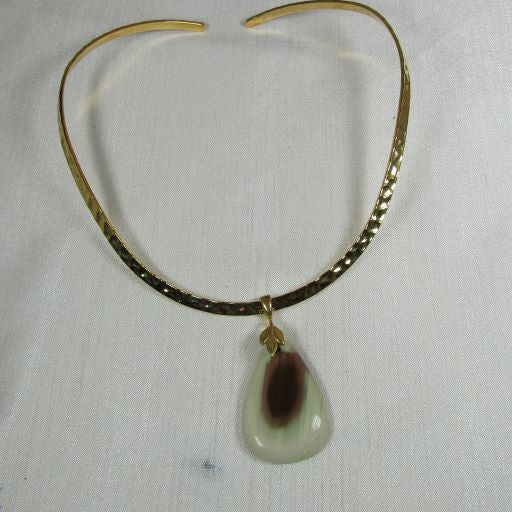 Jasper Gemstone Pendant on Gold Neck Wire Necklace