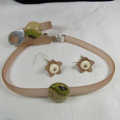 Beige Choker Necklace, Bracelet Artisan Bead  & Earrings Jewelry Set