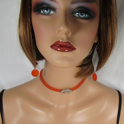 Orange Jelly Band Ribbon Choker & Bracelet Dangling  Earrings