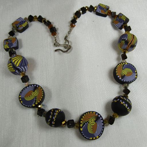 Purple & Black Handmade Polymer Clay Artisan Bead Necklace