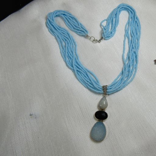 Gemstone Big Pendant Necklace - Blue Twisted Seed Bead Necklace
