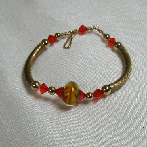 Red & Gold Artisan Bead Gold Bangle Bracelet