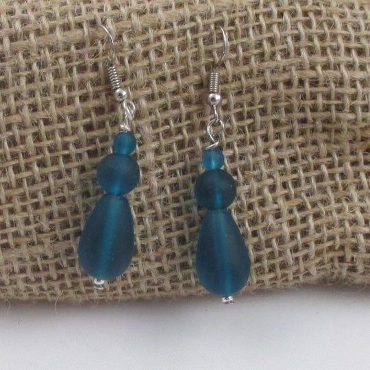 Dark Turquoise Sea Glass Teardrop Earrings