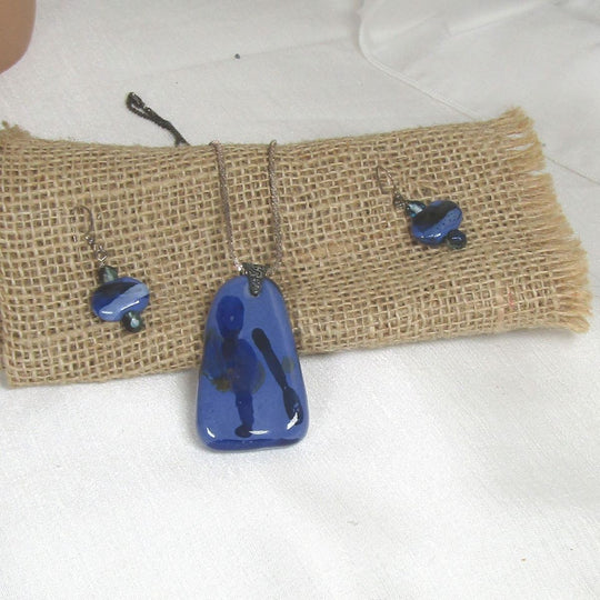 Blue Fair Trade Kazuri Pendant on silver chain with earrings