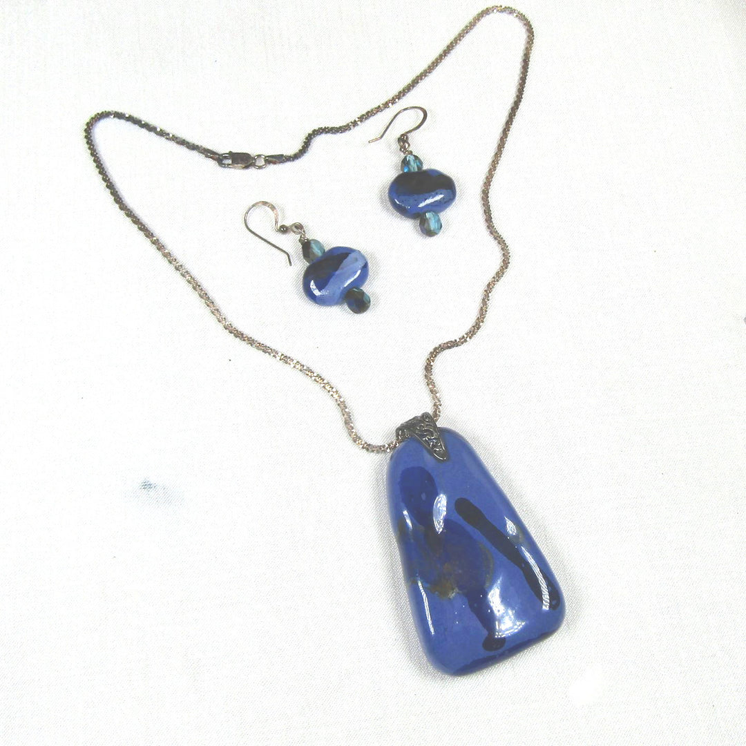 Fair Trade Kazuri Blue Pendant Necklace & Earrings