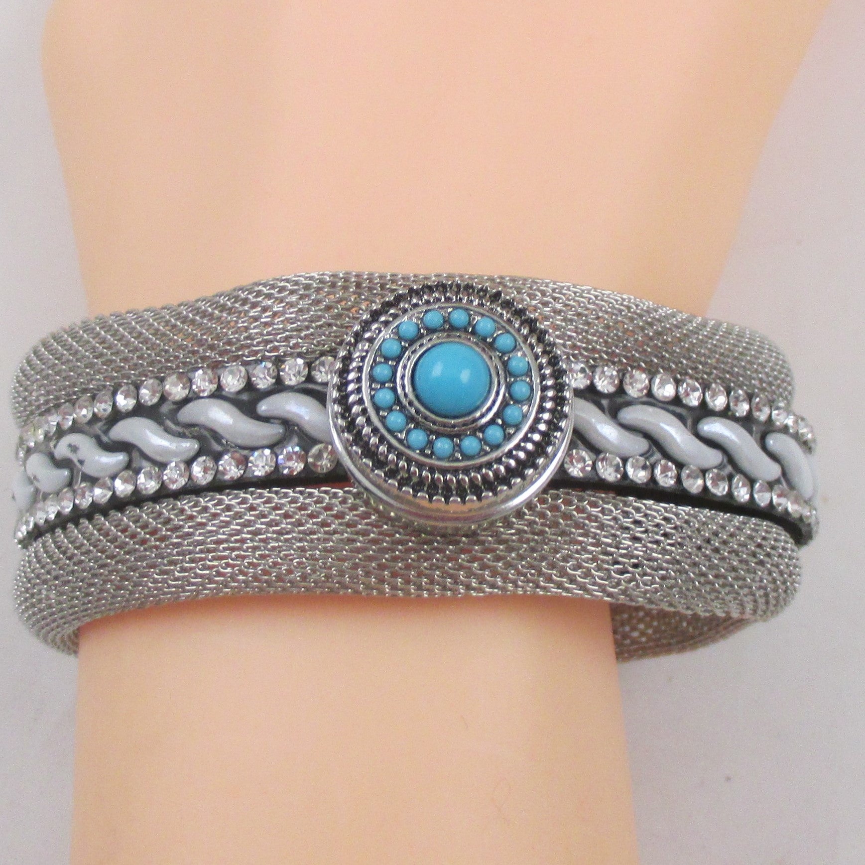 Silver Mesh Bracelet with Rhinestone & Turquoise Accent - VP's Jewelry