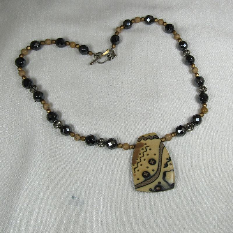 Black & Biege Pendant Necklace with Handmade Artisan Pendant
