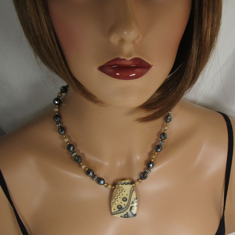 Black & Biege Pendant Necklace with Handmade Artisan Pendant