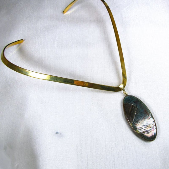 Blue Artisan Handmade Pendant on V-curved Gold Choker
