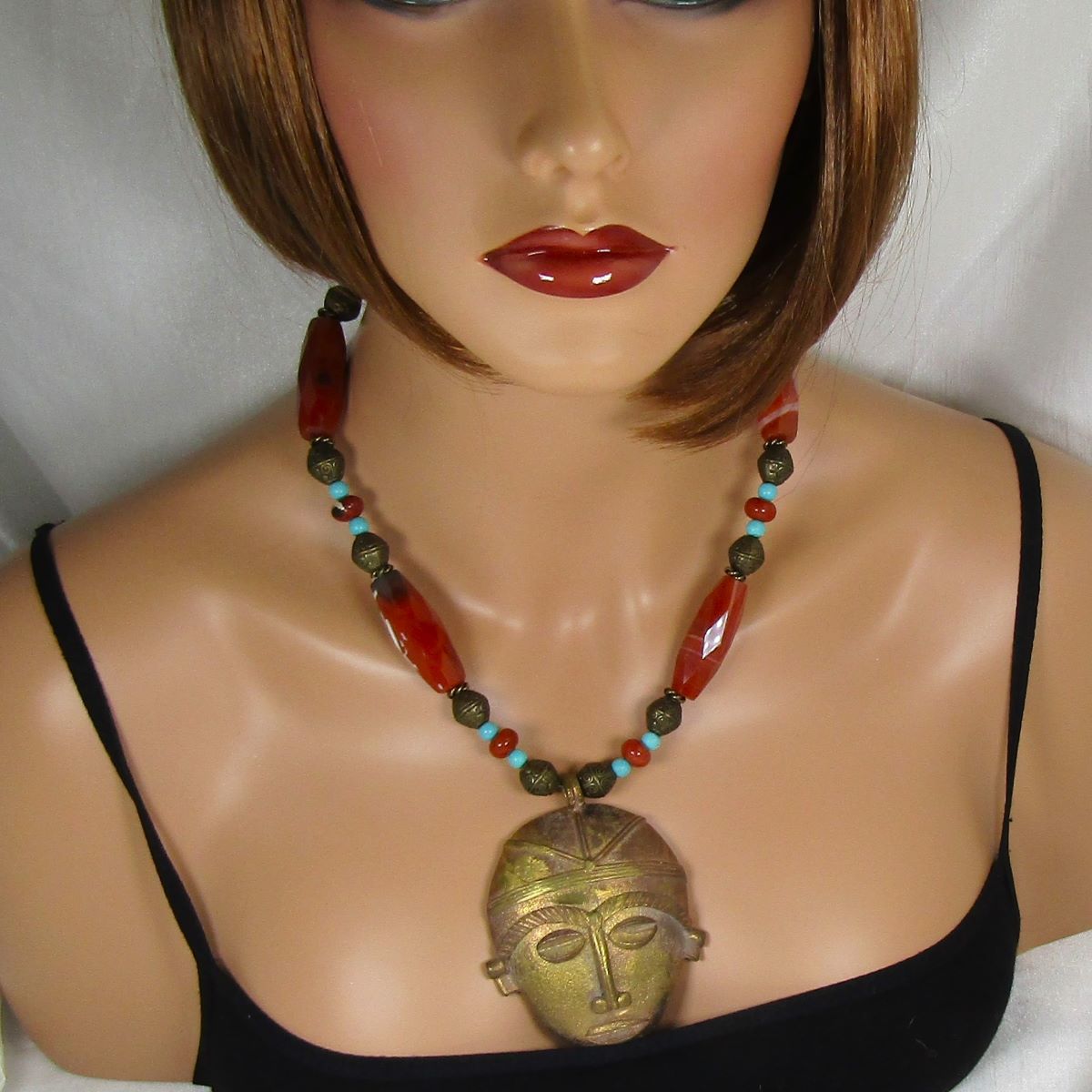 Big Bold Brass & Turquoise Beaded Pendant Necklace