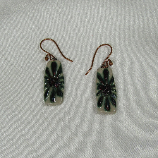 Crean with Green & Purle Flower Raku  Artisan Handmade Earrings