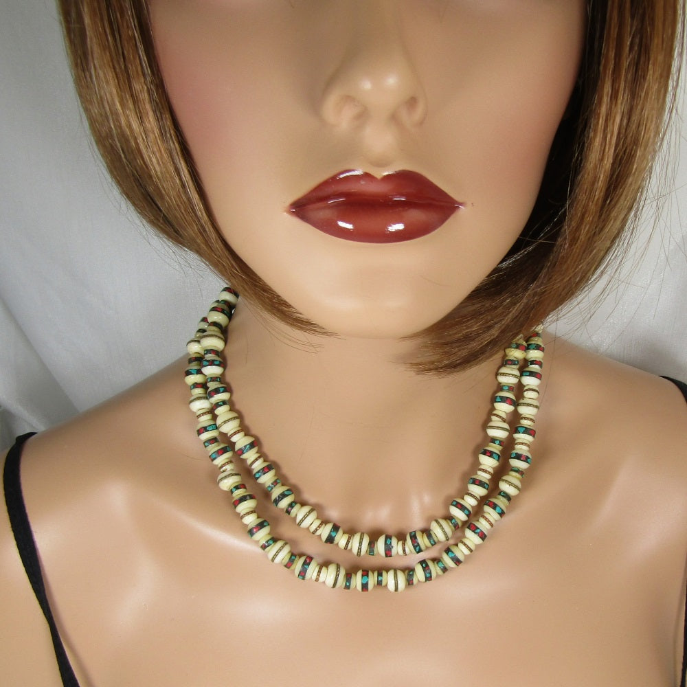 Beige African Trade Bead Necklace Double Strand