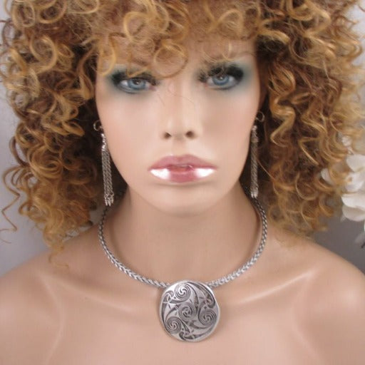 Bold Silver Pendant On Choker, Bracelet & Earrings - VP's Jewelry