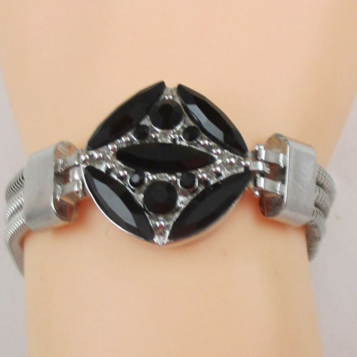 Black Crystal Rhinestone & Silver Bangle Bracelet - VP's Jewelry