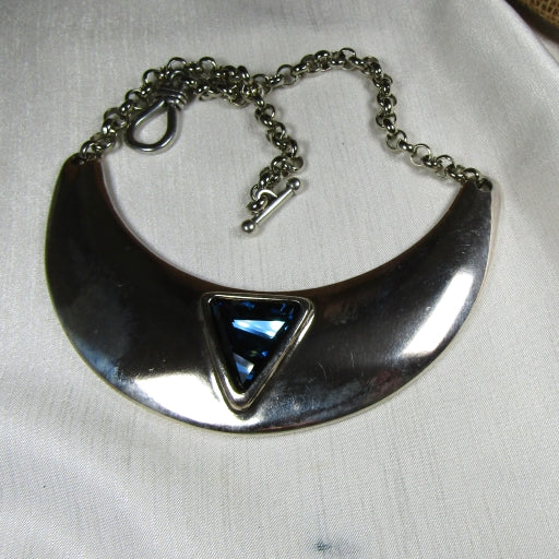 Bib Necklace in Highly Polished Silver & Blue Swarovski Crystal