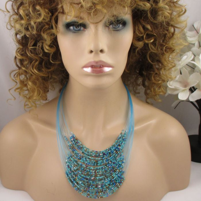 Multi-strand Aqua Seed Bead Necklace and Earrings - VP's Jewelry