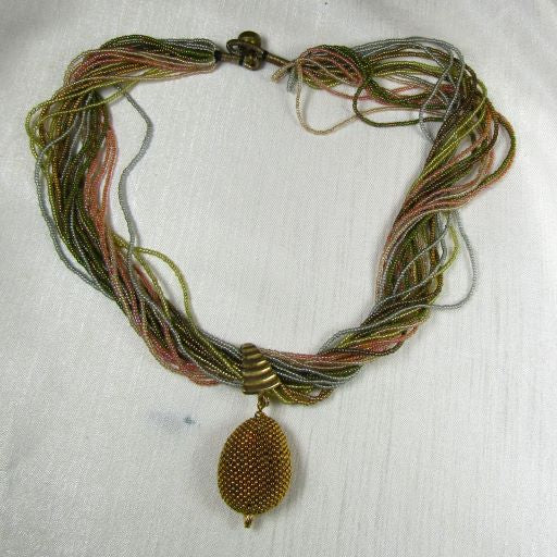 Multi-strand Mutli-colored Seed Bead Necklace with Beaded Bead Pendant