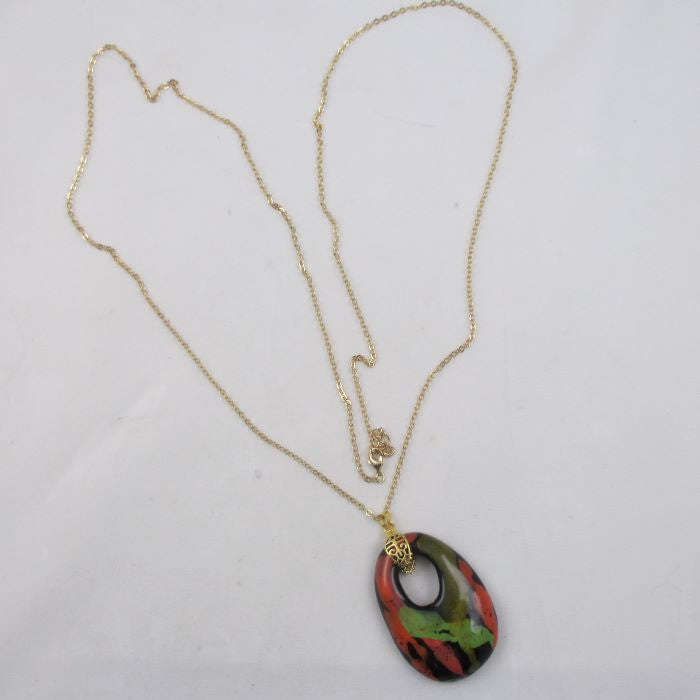 Black & Green Fair Trade Kazuri Bead Pendant on Gold Chain - VP's Jewelry