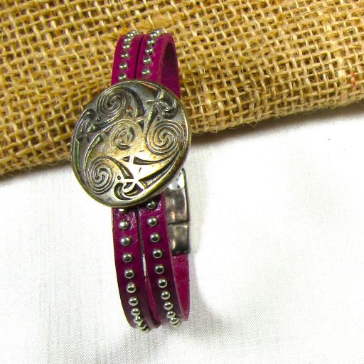 Buy Purple Leather Bracelet with Silver Medallion Accents