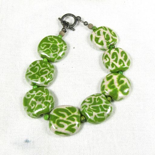 Kazuri Bracelet in Cream & Green Handmade Fair Trade Beads