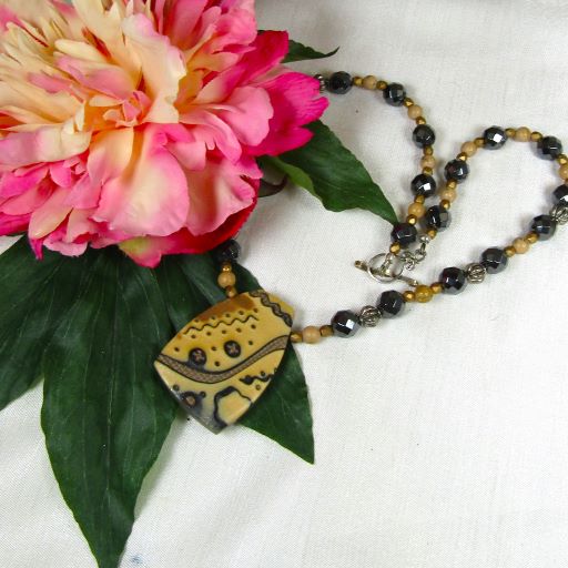 Black & Biege Pendant Necklace with Handmade Artisan Pendant