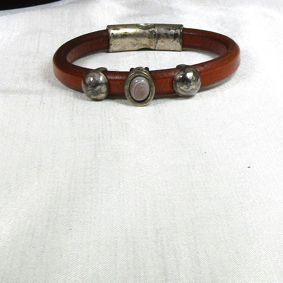 Man's Brown Leather Bracelet Silver Accents