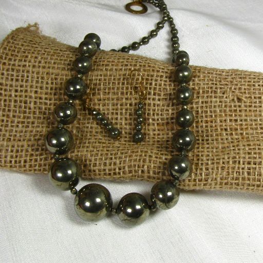 Shinny Black Gemstone Beaded Necklace & Earrings