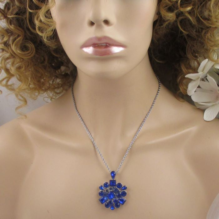 Royal Blue Crystal Flower Pendant Necklace - VP's Jewelry