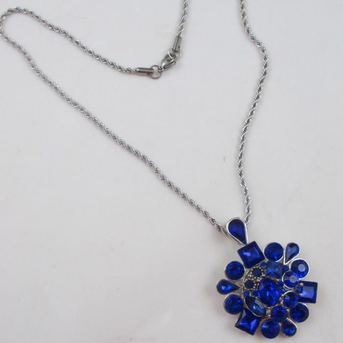 Royal Blue Crystal Flower Pendant Necklace - VP's Jewelry