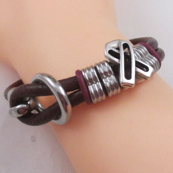Burgundy Round Leather Cord Awareness Ribbon Bracelet - VP's Jewelry