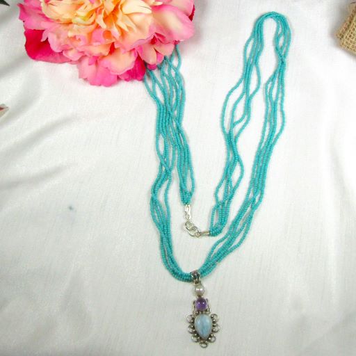Lapis, Amethyst & Pearl Pendant On Aqua Seed bead Necklace