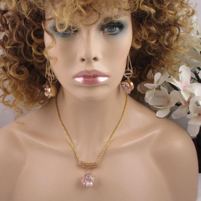 Pink Flower & Gold Pendant Necklace and Earrings - VP's Jewelry