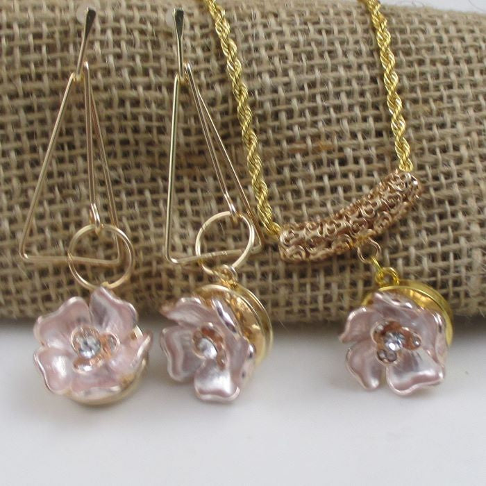 Pink Flower & Gold Pendant Necklace and Earrings - VP's Jewelry